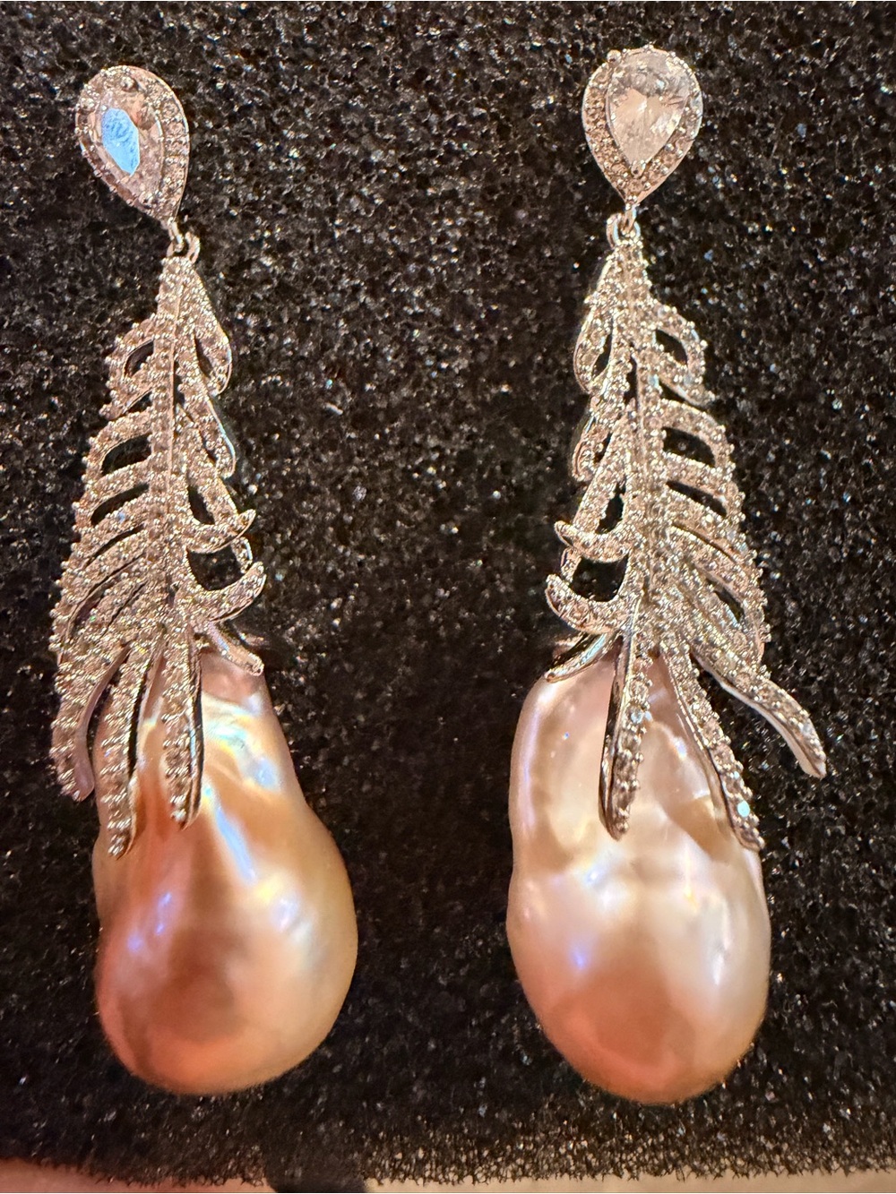 Silver Tone Feather Drop Earrings with Peach Baroque Pearls